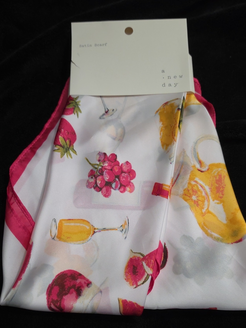 a new day White Satin Scarf with Pink and Yellow Fruit Print